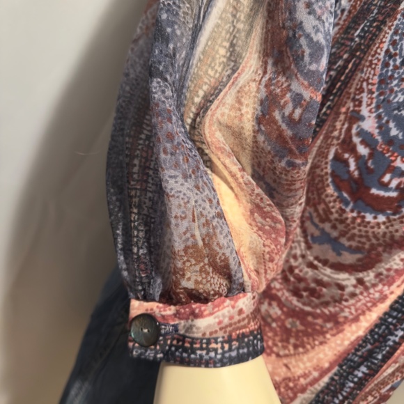 70s Mod Print Boho Blouse Neru Collar V Neck Semi Sheer Sleeves Sz L Made in USA - Picture 3 of 6